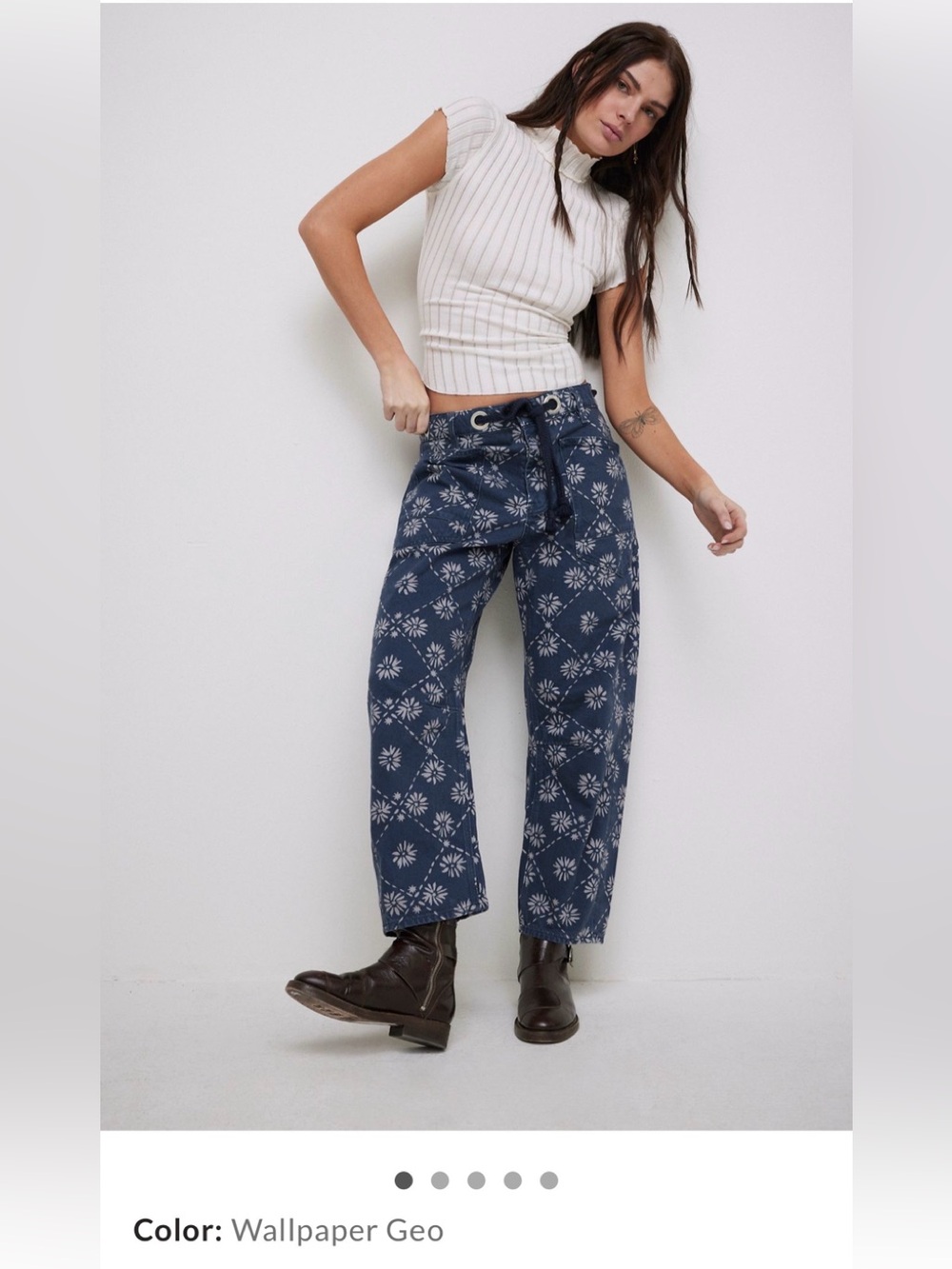 We The Free Moxie Barrel Navy Wallpaper Geo Tie-Waist Jeans